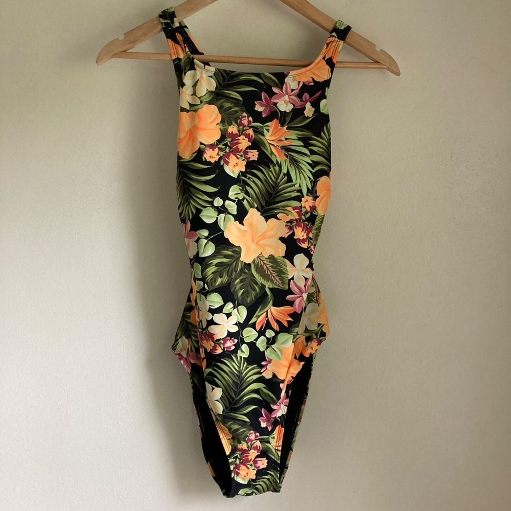 Hurley Womens Floral One Piece Swimsuit Black Tropical Cross Back S